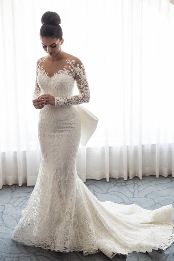 Gorgeous Mermaid Lace Wedding Dress with Bowknot and Detachable Overskirt