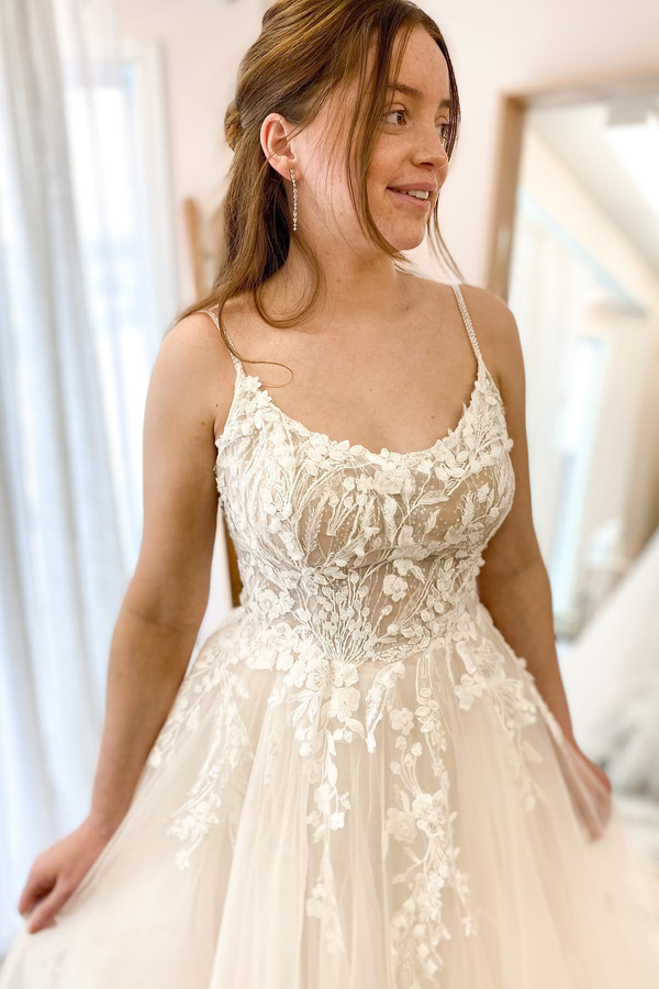 Spaghetti Strap Floral Lace A-Line Long Wedding Dress
