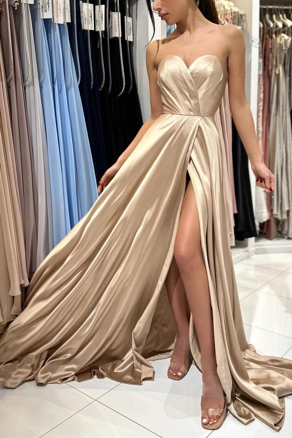 Simple Long Champagne Heart Neck Evening Gown | Affordable Prom Dress
