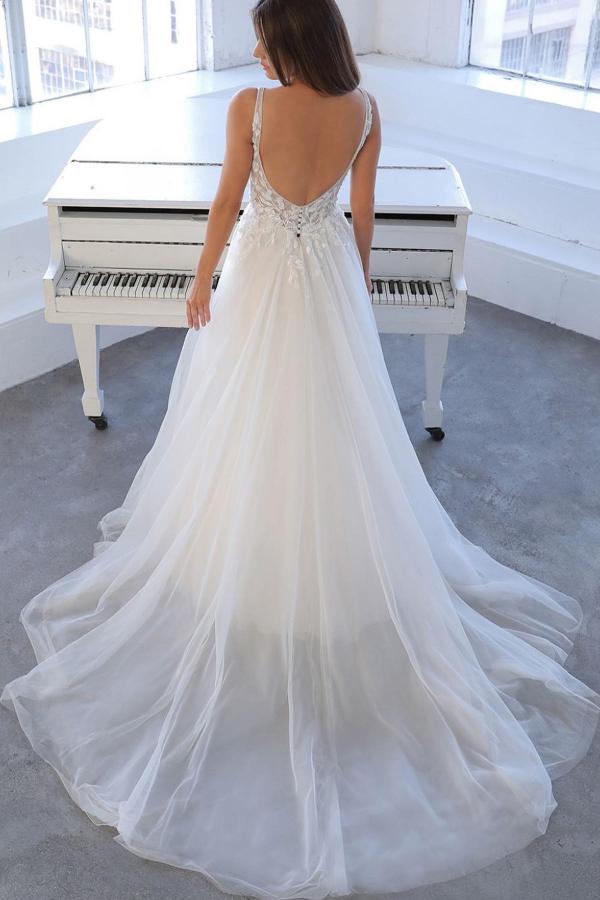 Simple V Neck Sleeveless A Line Tulle Wedding Dresses Bridal Gowns