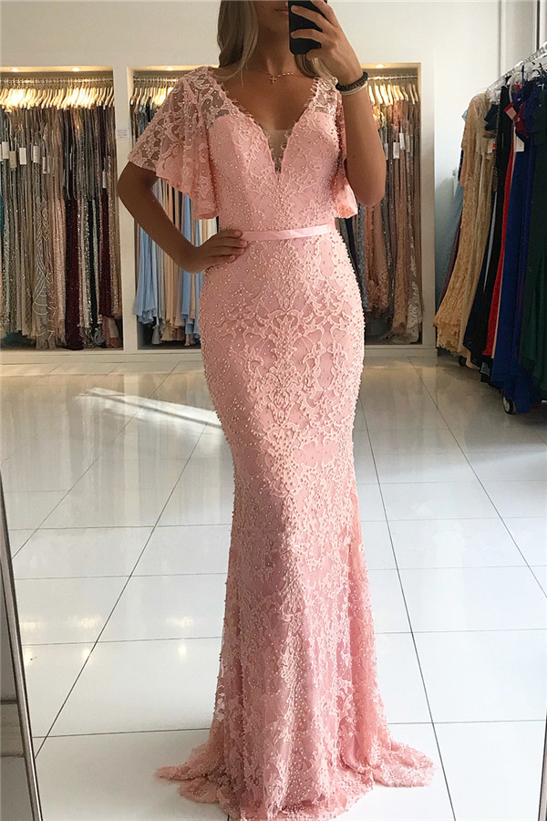 Open Back Pink Lace Evening Dress with Short Sleeves | Full Bead Cheap Prom Dress