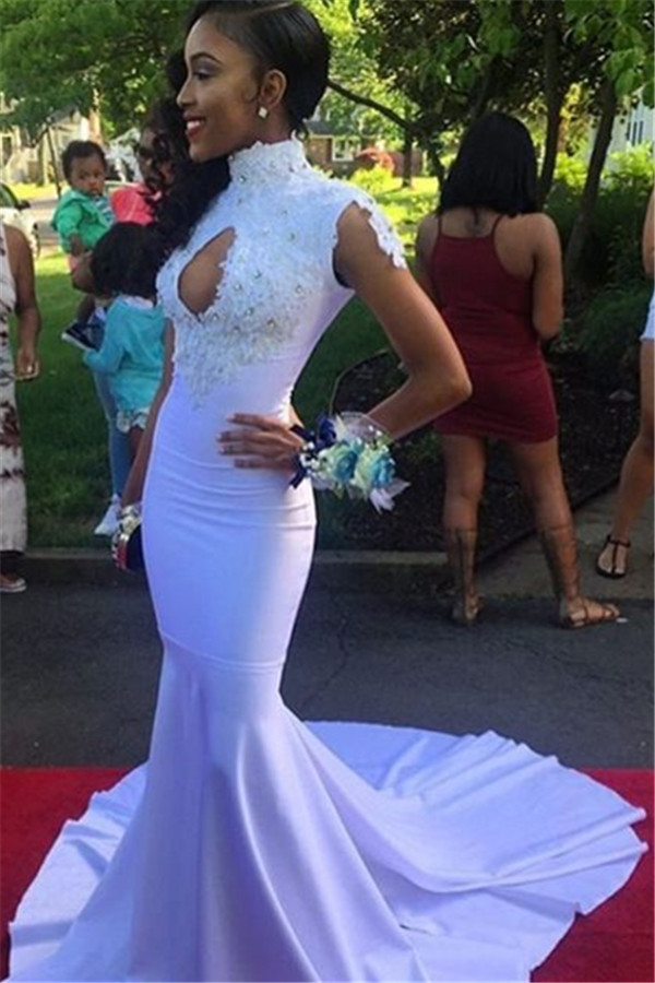 White Sleeveless Mermaid Prom Dress | Appliqué Beaded Evening Dress