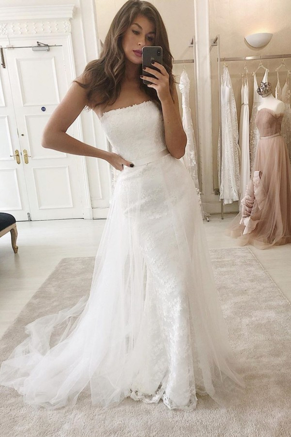 White Strapless Mermaid Wedding Dress with Overskirt