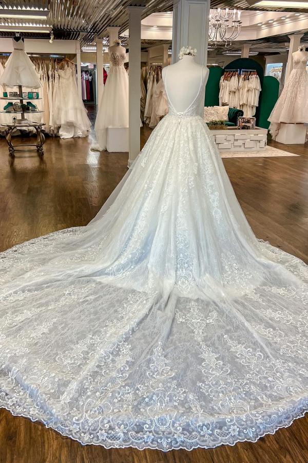 Chic Floral Lace Aline Wedding Dress V-Neck Sleeveless Backless Bridal Dress