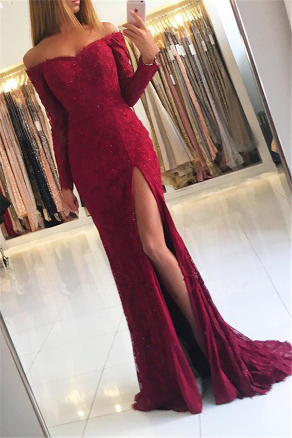 Cheap Long Sleeve Sheath Lace Evening Dress | Side Slit Off Shoulder Prom Dress