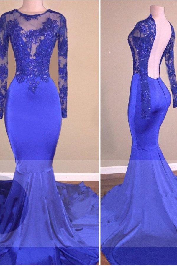 Mermaid Shiny Open Back Evening Gown | Sheer Royal Blue Long Sleeve Prom Dress