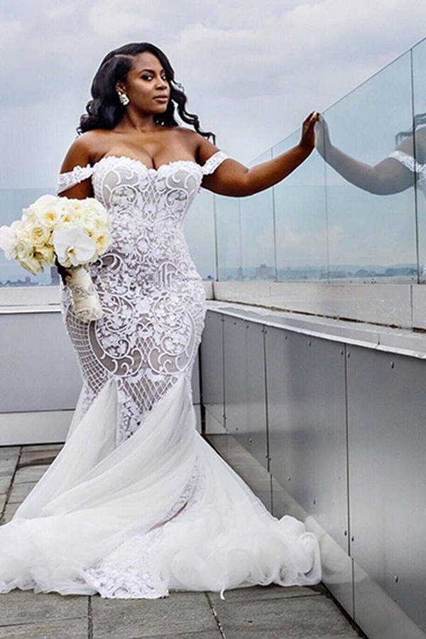 Tulle Court Train Mermaid Sleeveless Off-Shoulder Ruffle Wedding Dress