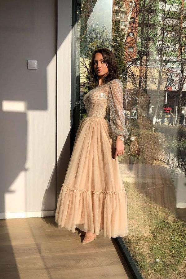 Chic Bubble Sleeves Tulle A-line Party Dress Daily Wear Dress