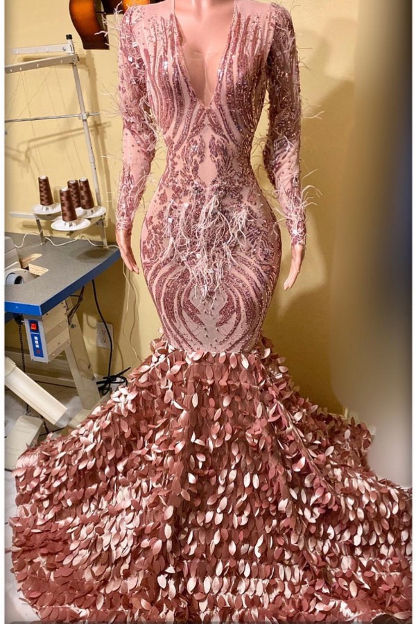 Elegant Long Sleeve Glitter Prom Dress