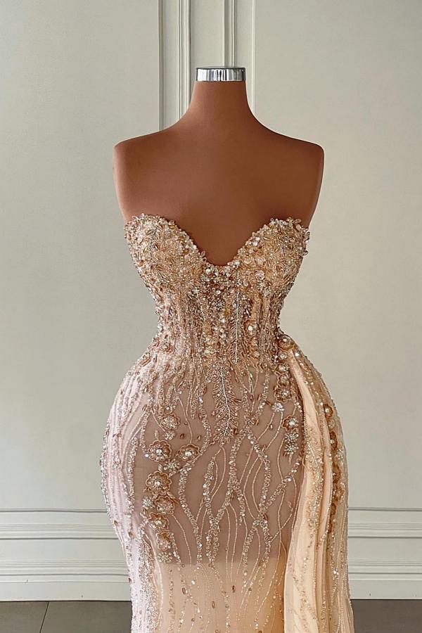 Glitter Crystal Sweetheart Strapless Mermaid Evening Party Dress with Side Sweep Train for Wedding