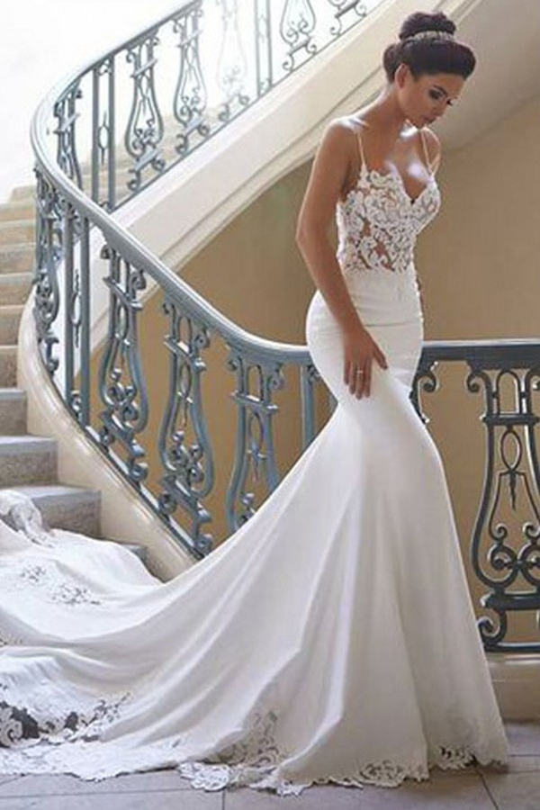 Sexy Spaghetti Strap Mermaid Chiffon Lace Wedding Dress