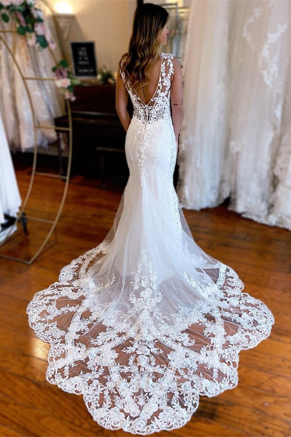 Designer V Neck Open Back Mermaid Lace Trailing Wedding Dress