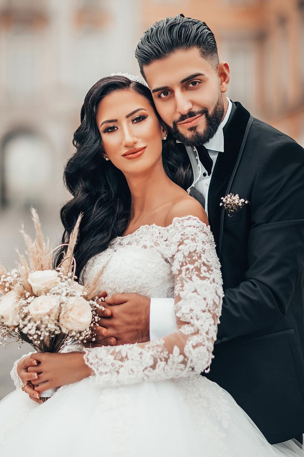 Gorgeous White Long Sleeve Lace Ball Gown with Floral Tulle