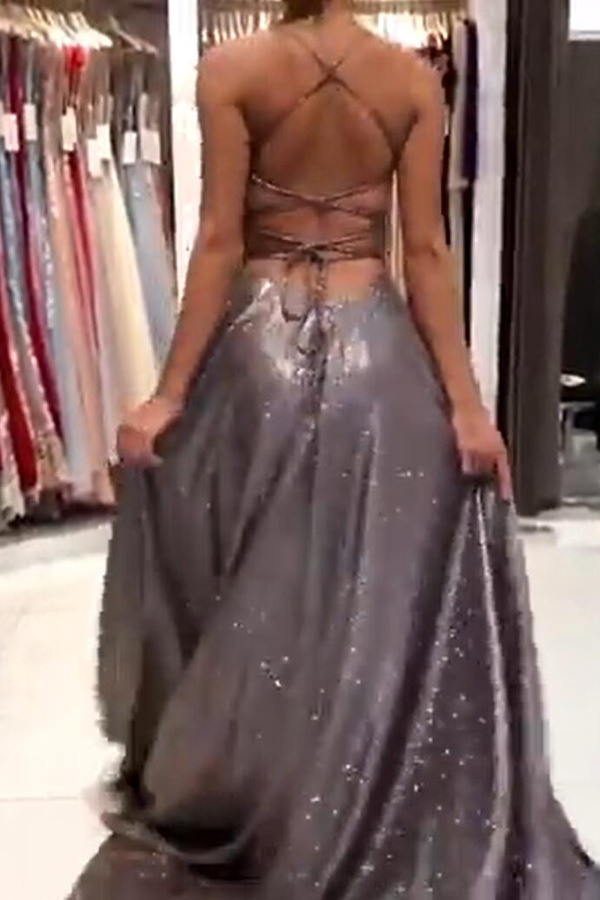 Sexy Spaghetti Straps Glitter Sequins V-Neck A-line Evening Dress