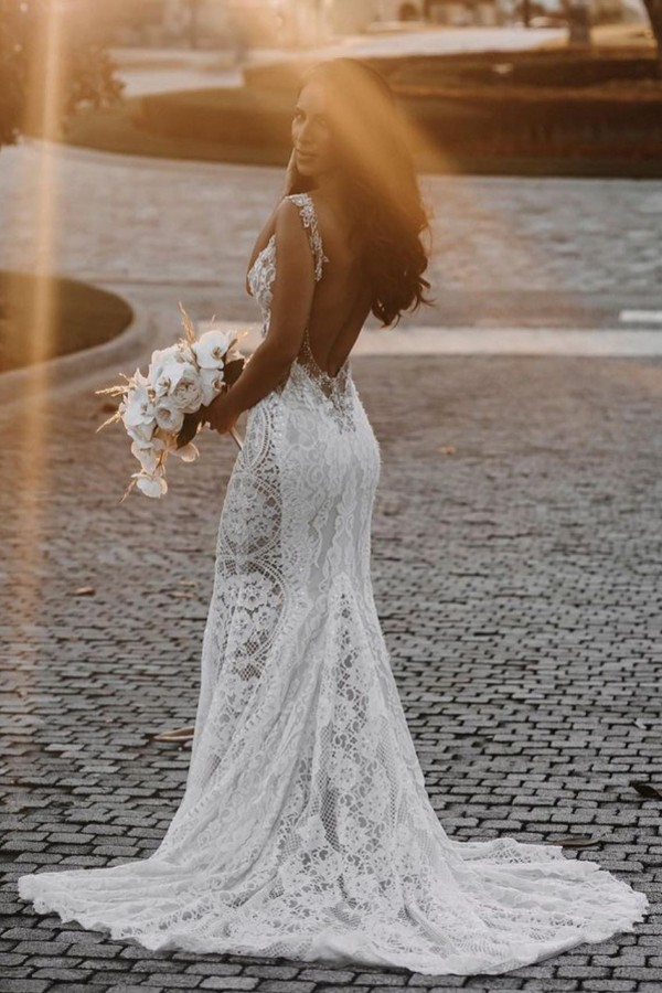 Backless Lace Deep V-Neck Beaded Floor-Length Wedding Dress