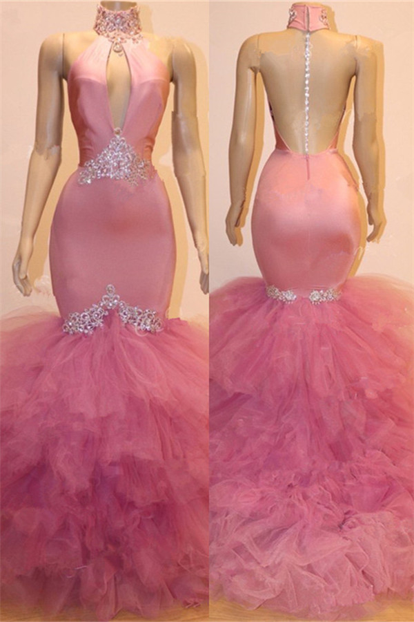 Pink Tulle Mermaid Prom Dress | High Neck Keyhole Beaded Evening Dress | Cheap