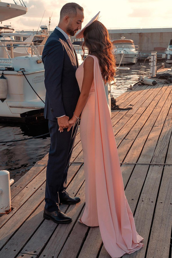 Sweetheart Sheath Evening Dress | Sleeveless Beaded Feather Floor Length Jumpsuit with Cape