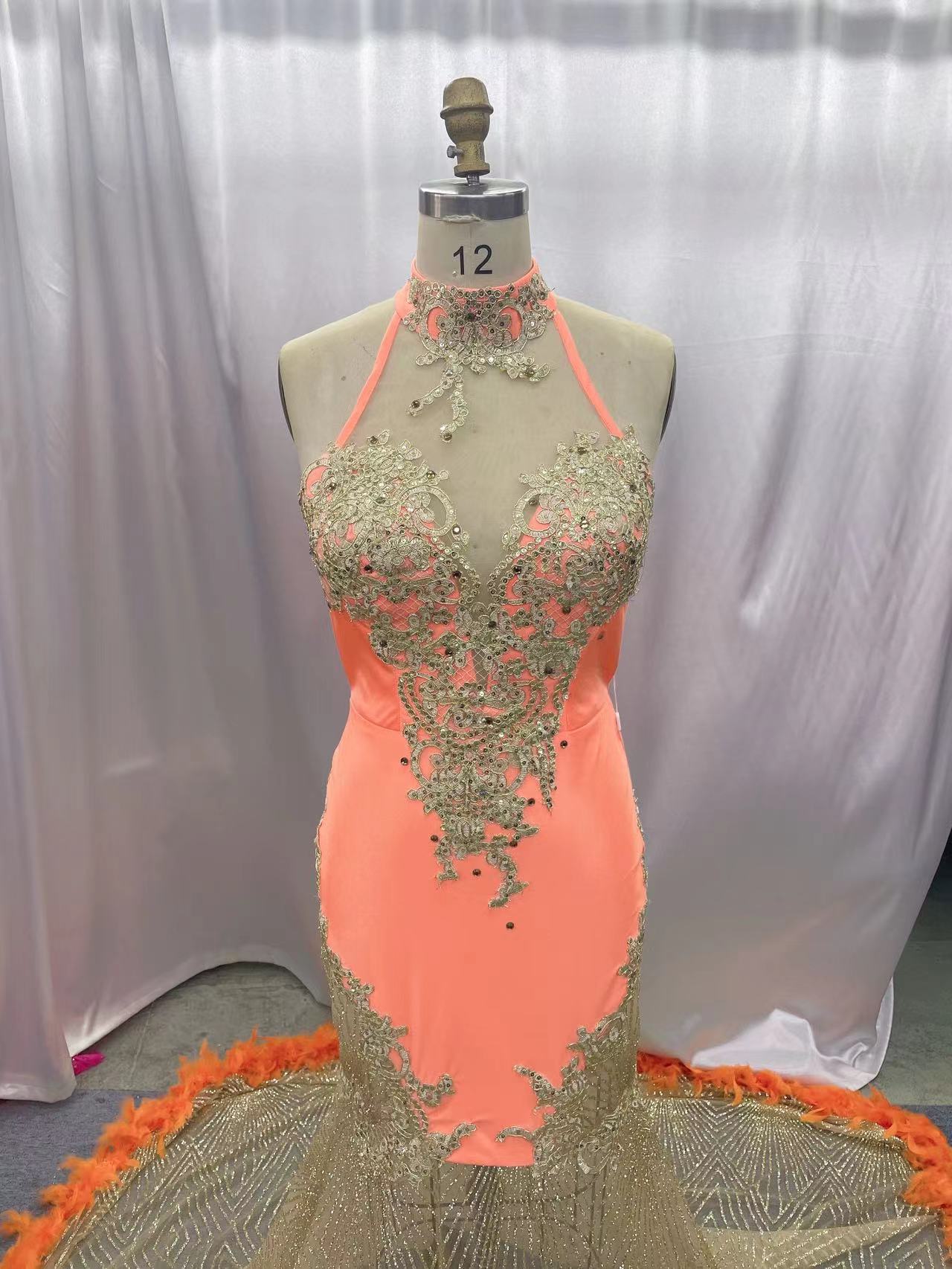 Sparkling Tangerine Ball Gown Prom Dress with Lace