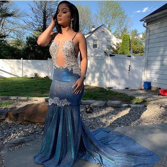 Sparkle Navy Blue Lace Applique Mermaid Prom Dress