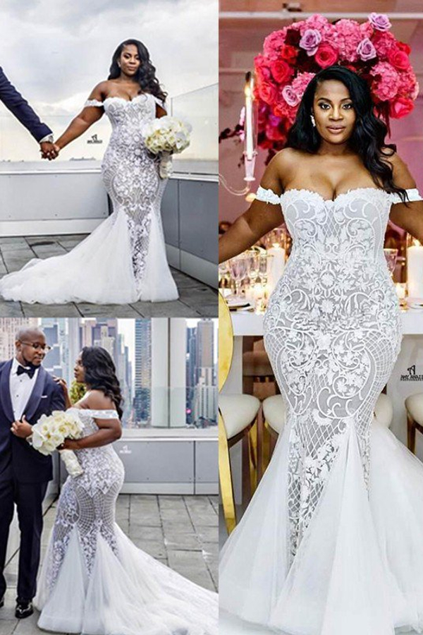 Tulle Court Train Mermaid Sleeveless Off-Shoulder Ruffle Wedding Dress