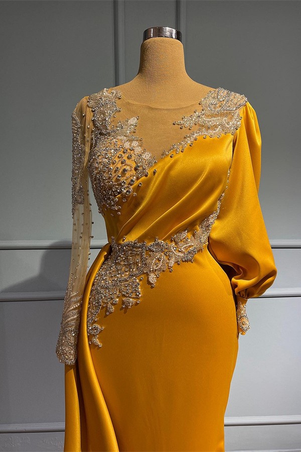 Gold Long Glitter Evening Dresses | Prom Dresses with Sleeves