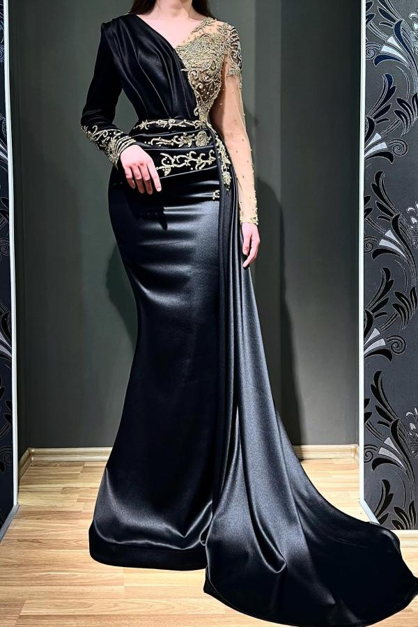 Elegant Long Black Evening Dresses | Prom Dresses with Sleeves