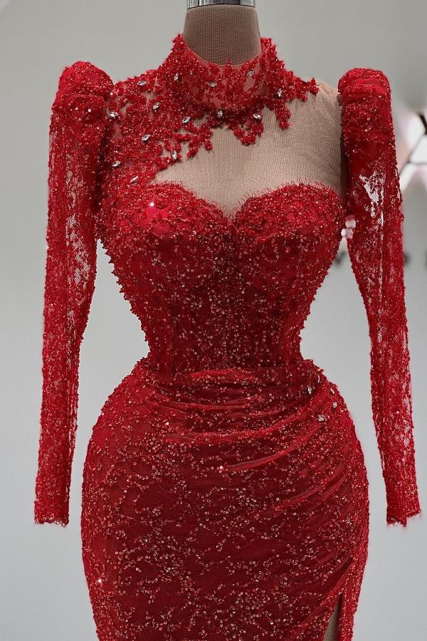 Red Long Glitter Evening Dresses | Prom Dresses with Sleeves