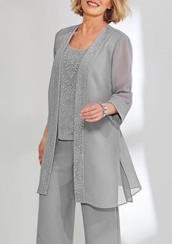 Simple Silver 3-Piece Suit Mother of the Bride Dress with Jacket
