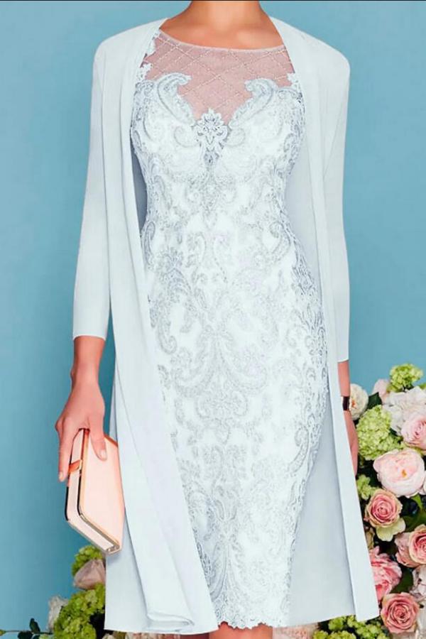 Scoop Neck Two-Piece Mermaid Slim Mother of the Bride Dress Chiffon 3/4 Sleeves Wedding Guest Outfits