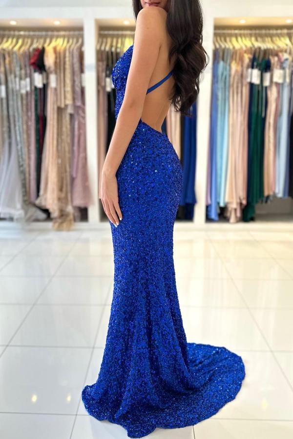 King Blue Long Glitter Evening Dress | Sparkly Spaghetti Strap Prom Dress