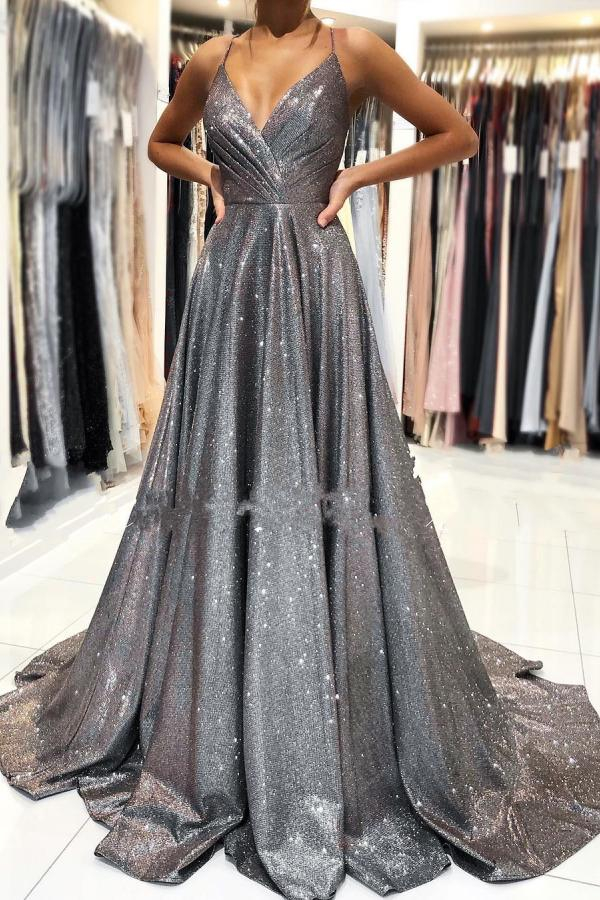 Sexy Spaghetti Straps Glitter Sequins V-Neck A-line Evening Dress