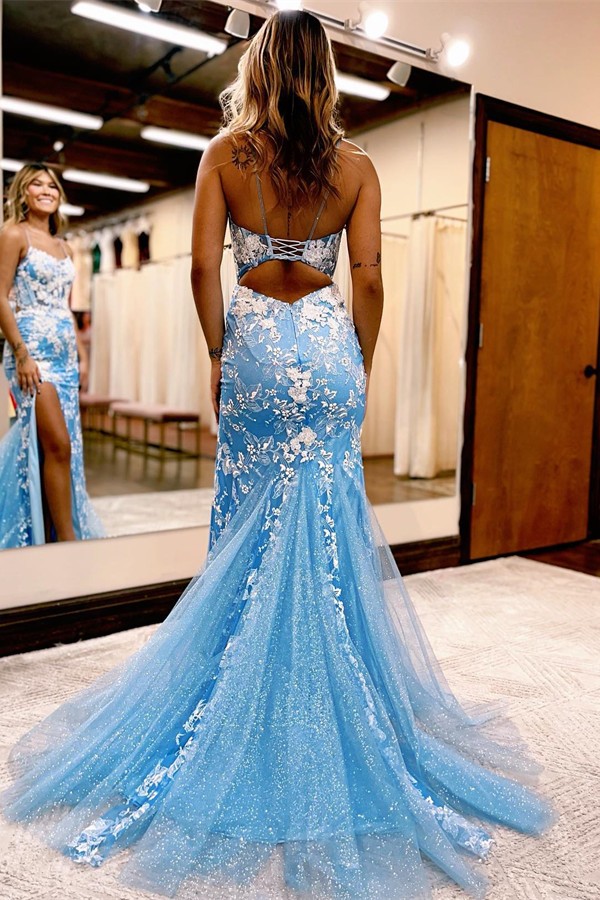 Long Glitter Evening Dresses | Cheap Blue Prom Dresses