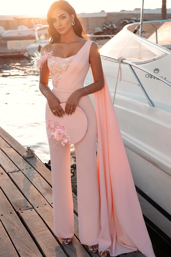 Sweetheart Sheath Evening Dress | Sleeveless Beaded Feather Floor Length Jumpsuit with Cape