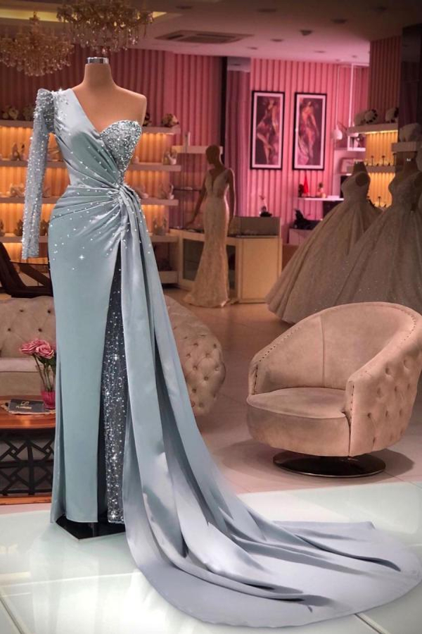 Gorgeous One-Shoulder Sparkly Sequined Mermaid Evening Gown with Side Train