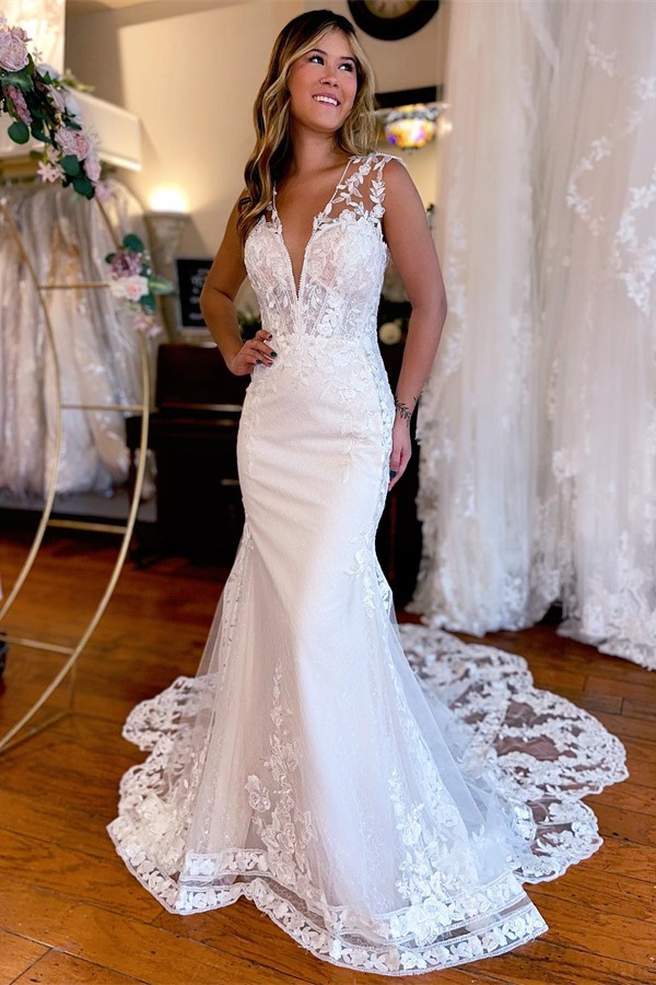 Designer V Neck Open Back Mermaid Lace Trailing Wedding Dress