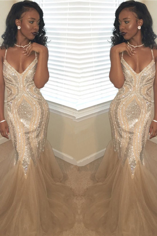 Spaghetti Straps Sparkle Sequins Prom Dress Cheap Online | Sleeveless Mermaid Sexy Evening Gowns