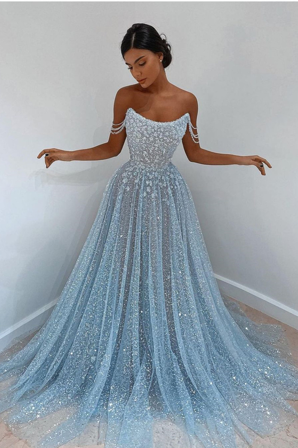 Sparkly Sleeveless A-Line Evening Party Dress | Sequined Gown