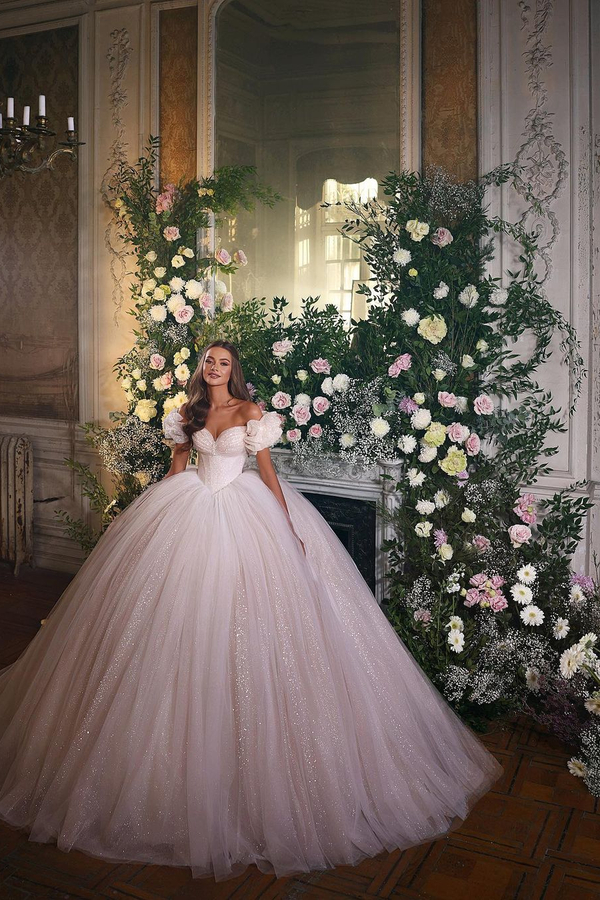 Glitter Off-Shoulder Tulle Floor-Length Wedding Dress