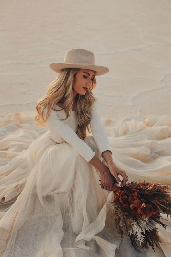 Designer A-Line Long Train Belted Sleeve Wedding Dress