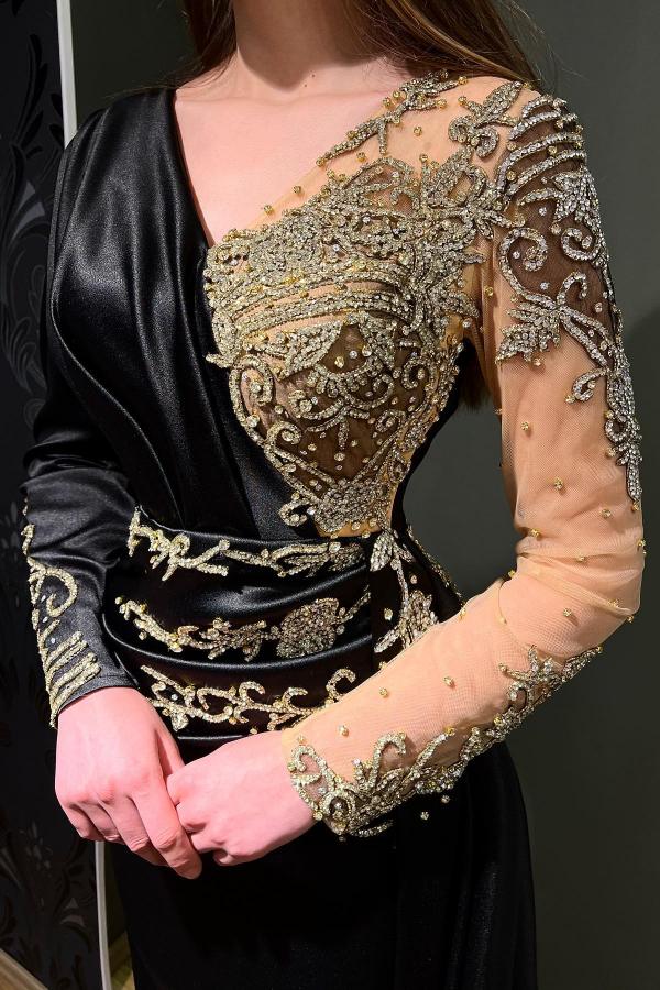 Elegant Long Black Evening Dresses | Prom Dresses with Sleeves