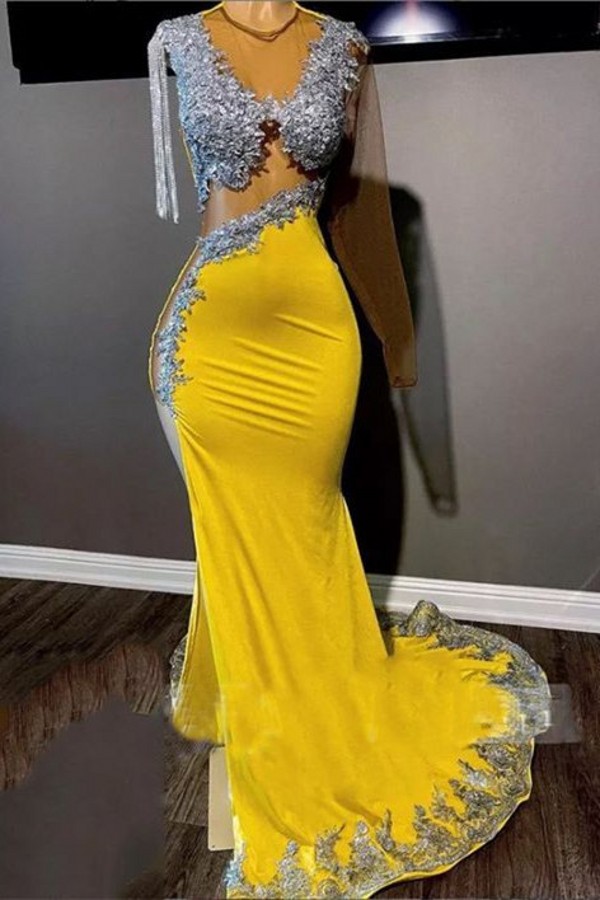 Sparkly Yellow Long Sleeve Prom Dress