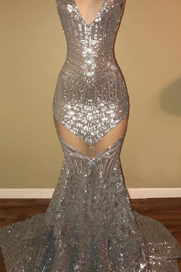Shiny Silver Sequin Sexy Prom Dress | Sleeveless Evening Dress | Cheap