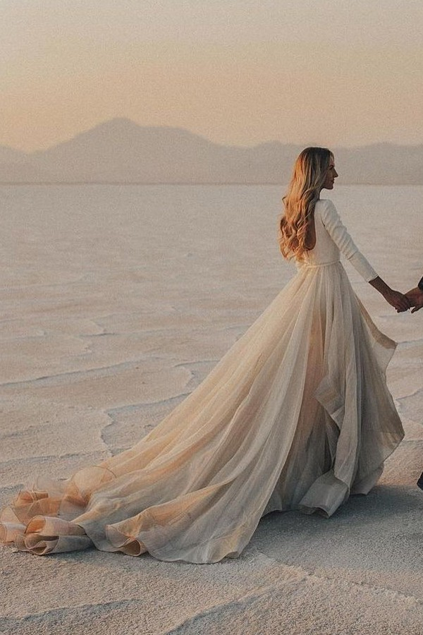 Designer A-Line Long Train Belted Sleeve Wedding Dress