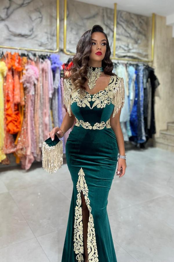 Sexy Halter Velvet Dark Green Mermaid Prom Dress with Gold Appliques and Tassels