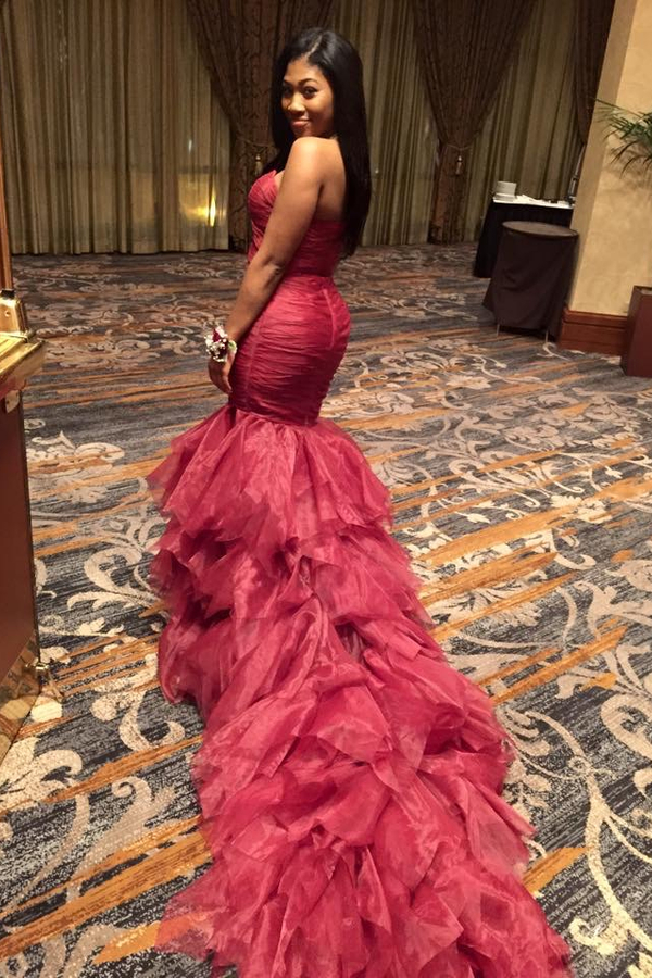Sexy Ruffle Mermaid Red Sweetheart Sleeveless Prom Dress