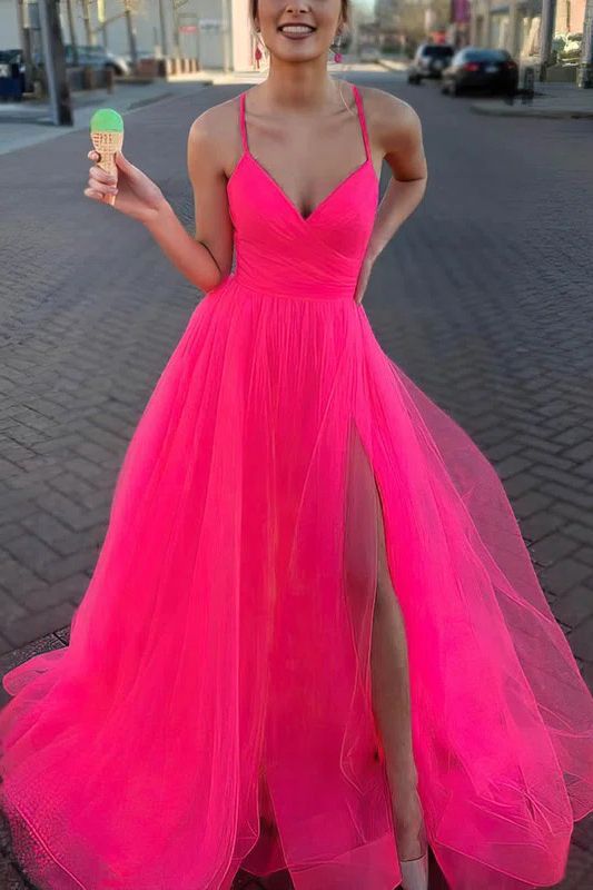 Hot Pink High Split A-Line Princess Tulle Prom Dress