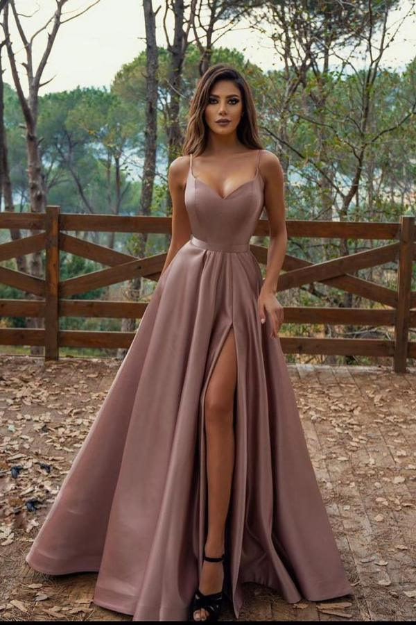 Elegant Spaghetti Straps Sweetheart Satin Maxi Prom Dress with Side Slit