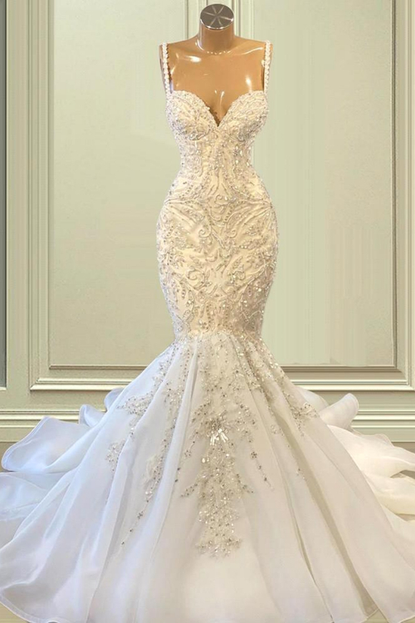 Elegant Mermaid Lace Spaghetti Strap Heart-Neck Wedding Dress
