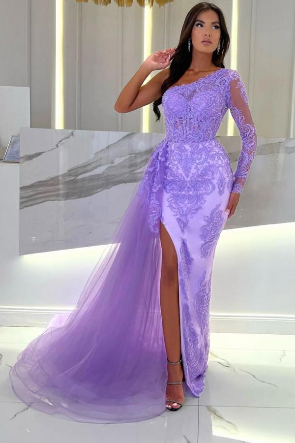 Lilac Long Evening Dress | Cheap Lace Prom Dress with Sleeves