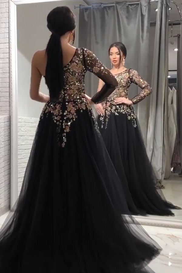 One Shoulder Black Floral Tulle Evening Dress | Stunning